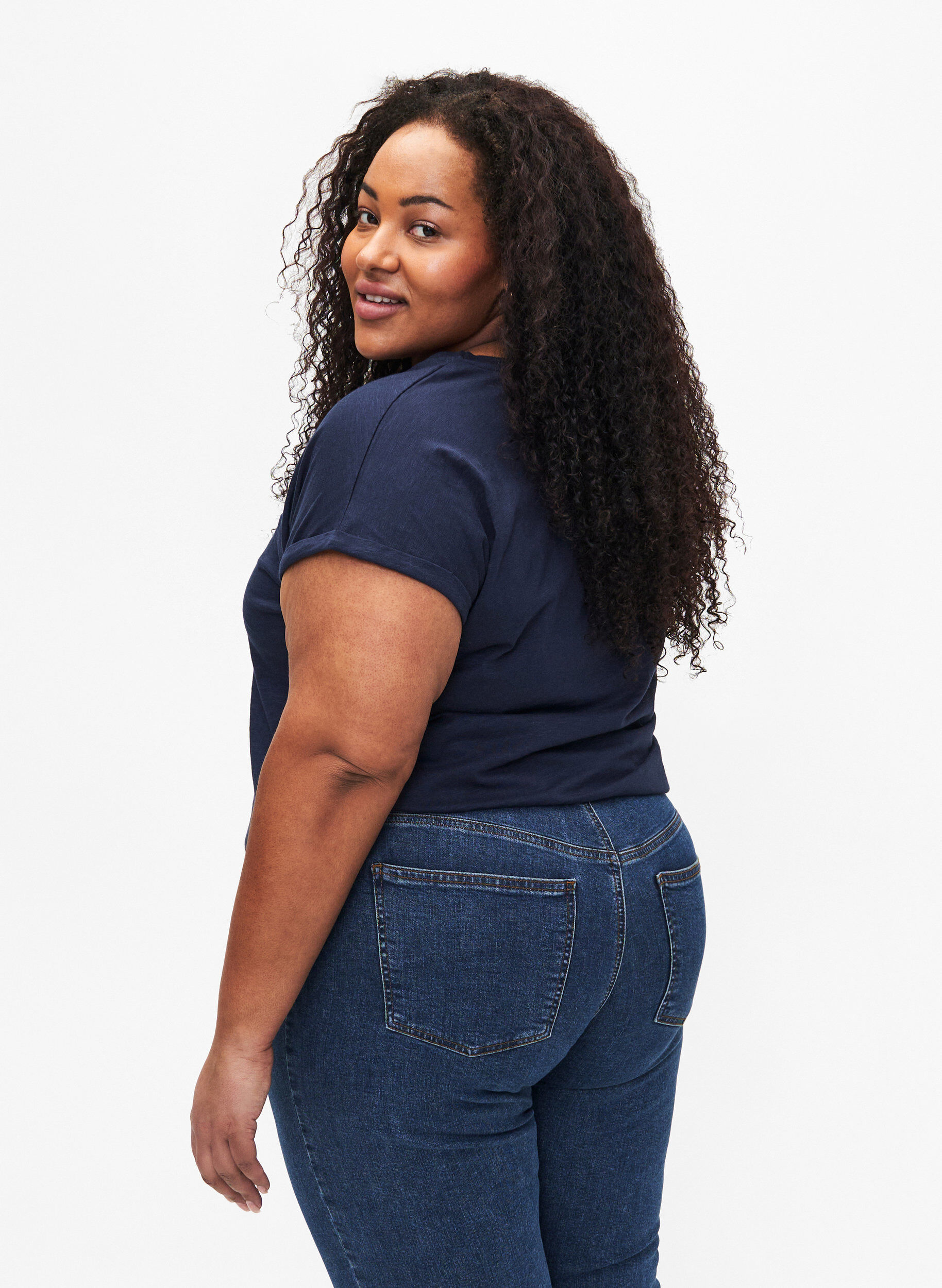 Zizzi T-shirt med tryck i ekologisk bomull, N.Sky w. White Print, Model image number 1