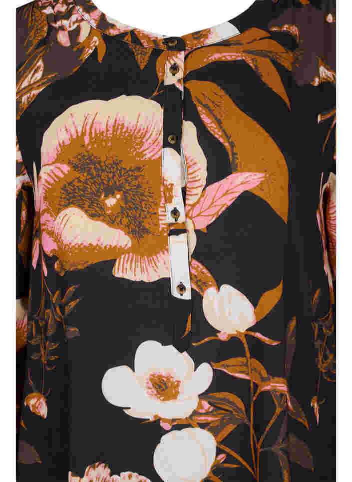Blommig tunika i viskos med långa ärmar, Black Flower AOP, Packshot image number 2