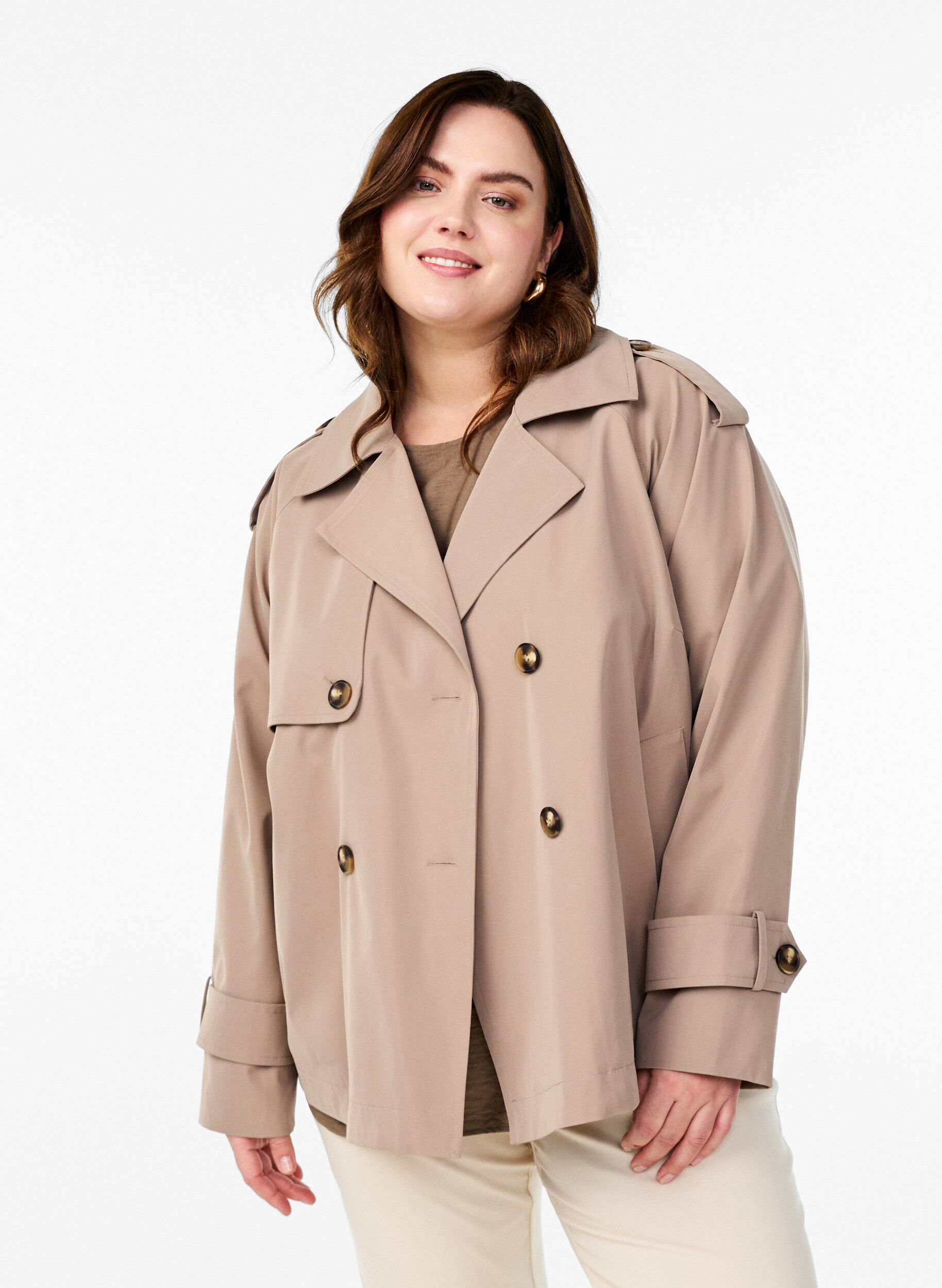 Zizzi Kort trenchcoat med klassiska detaljer, Gr&aring;, Model image number 0