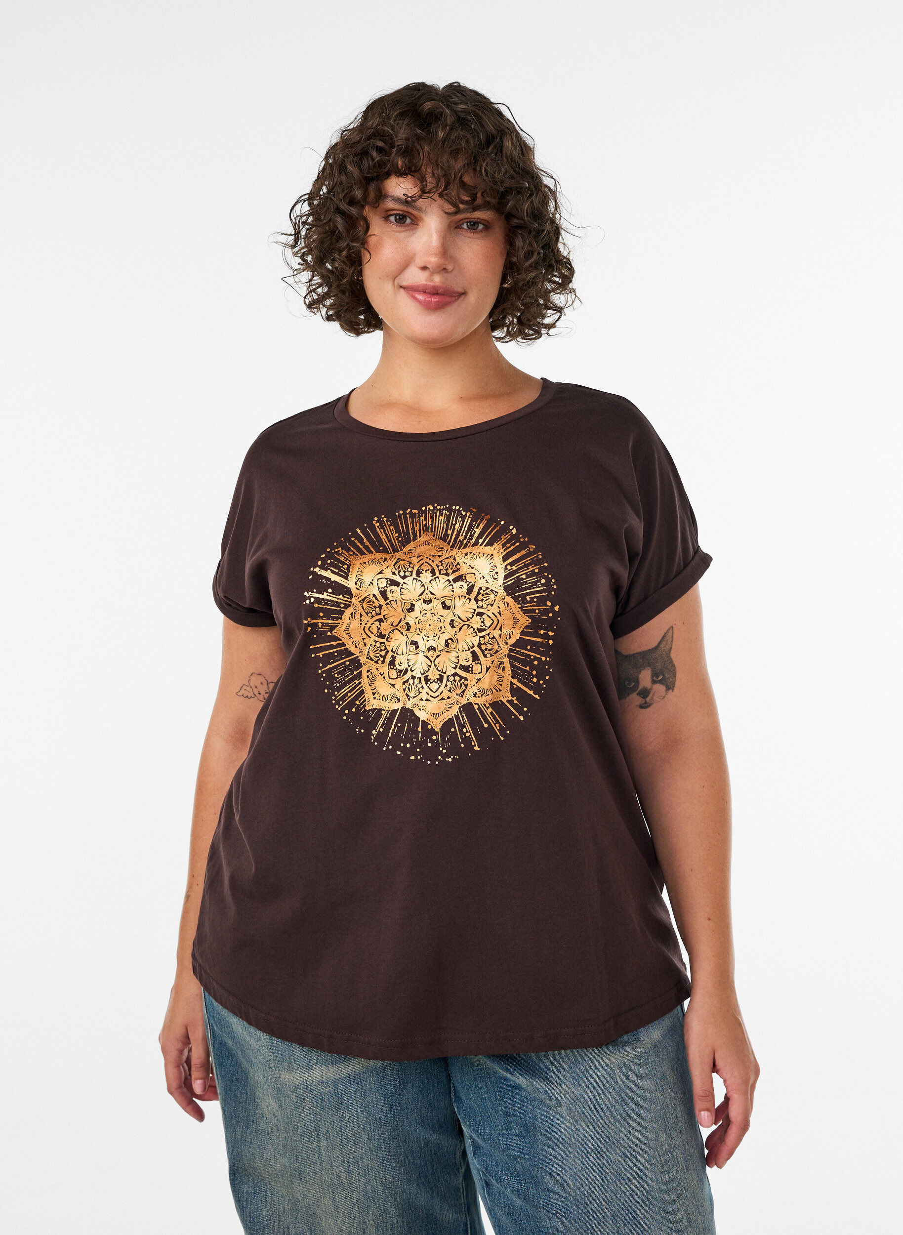 ZizziT-shirt med dekorativt tryck framtill, Brun, Model image number 0