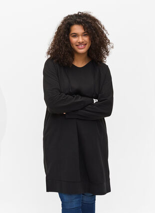 Sweatshirtklänning med huva, Black Solid, Model image number 0