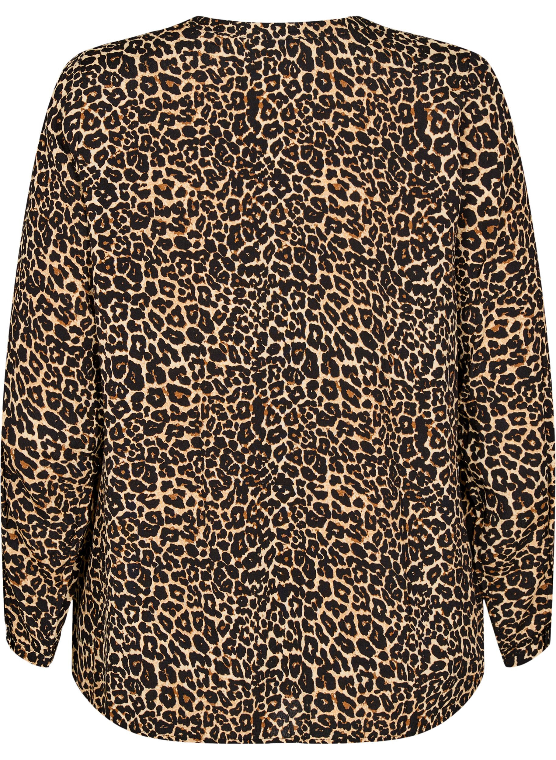 Zizzi L&aring;ng&auml;rmad blus med leopardm&ouml;nster och v-ringning, Brun, Packshot image number 1