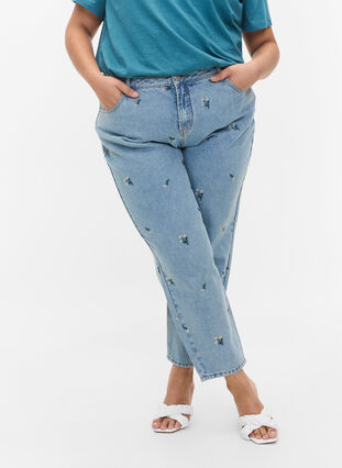 Mille mom fit jeans med broderade blommor, Blue w. Small Flower, Model image number 2