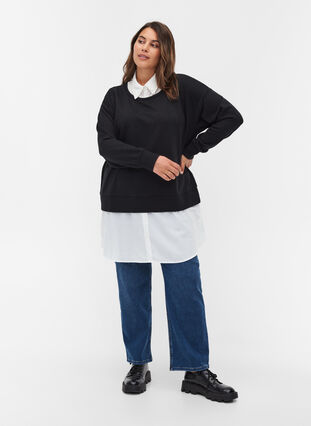 Sweatshirt med påsydd skjorta, Black, Model image number 3