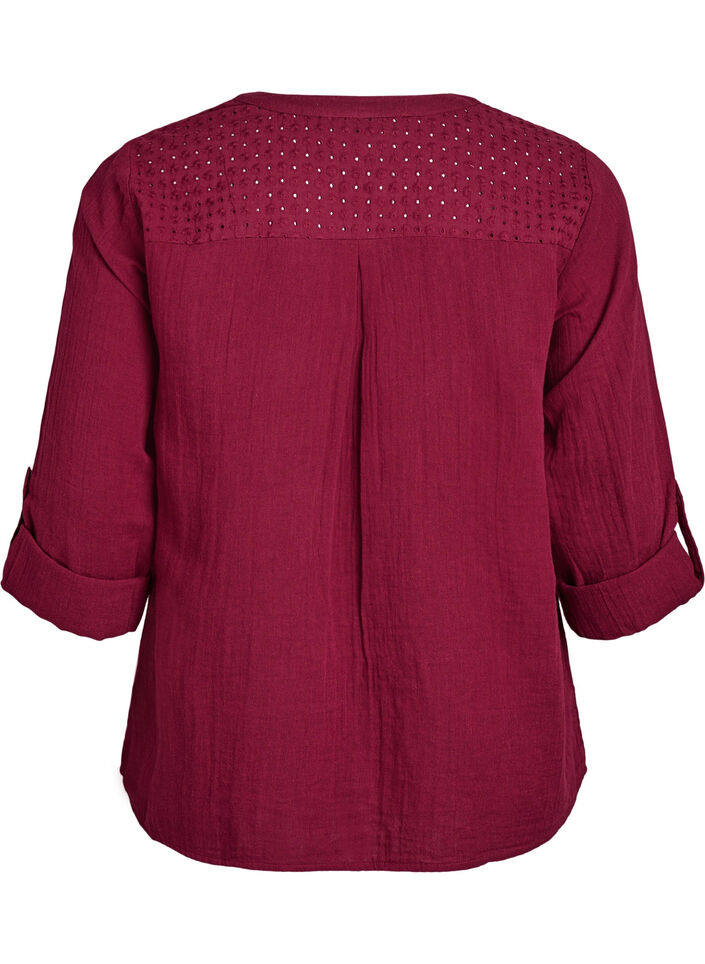 Blus i bomullsmuslin med broderie anglaise, M&ouml;rk Bordeaux, Packshot image number 1