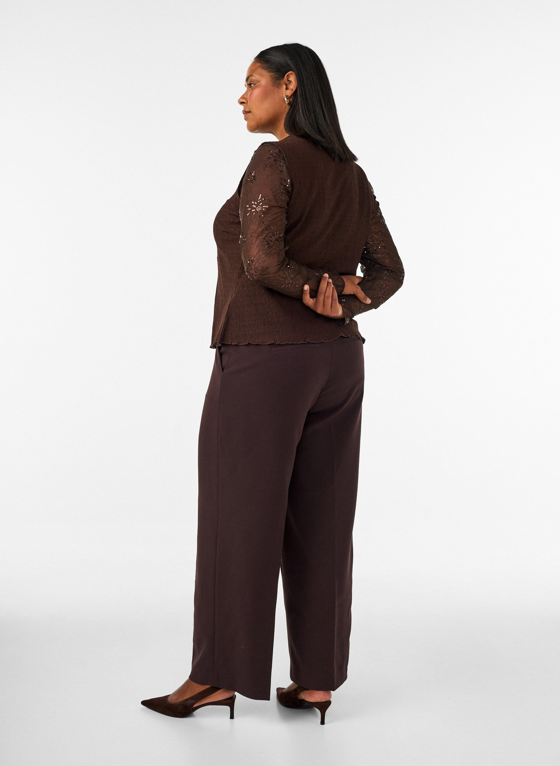 ZizziDressade byxor med vida ben och h&ouml;g midja, Brun, Model image number 1