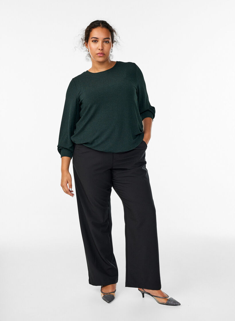 Blus med fiskbensmönster och glittertråd, Grön, Model image number 1