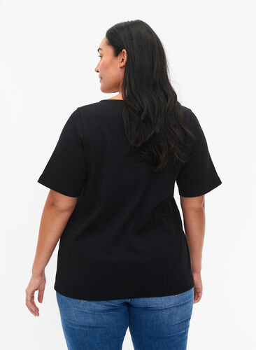 Ribbad t-shirt med knappar och korta ärmar, Black, Model image number 1
