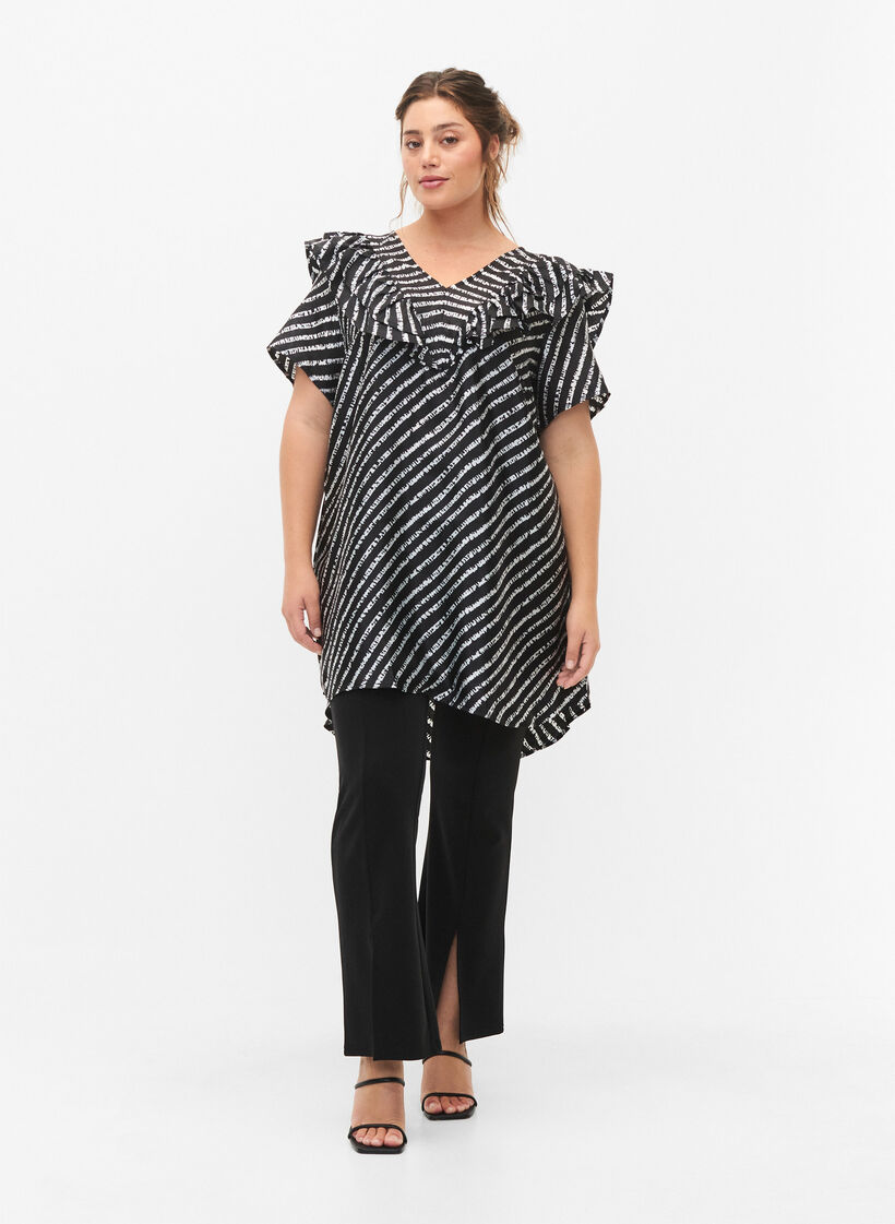 Stripad tunika med fransar, Black/White Stripes, Model image number 3