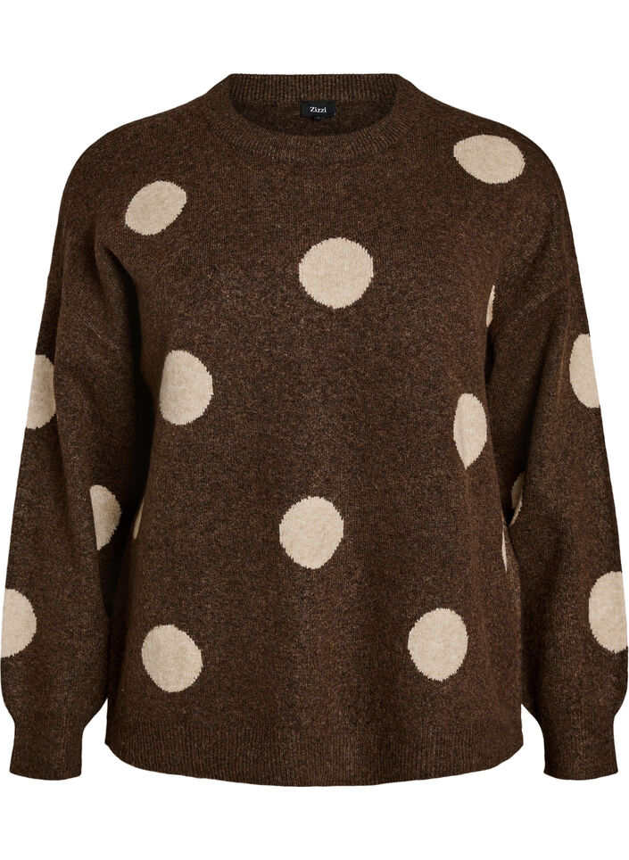 Stickad blus med prickigt m&ouml;nster, Brun, Packshot image number 0