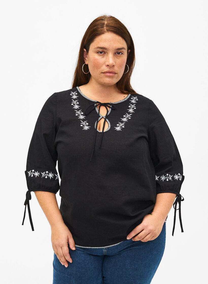 Broderad blus i bomullsblandning med linne, Black W. EMB, Model image number 0