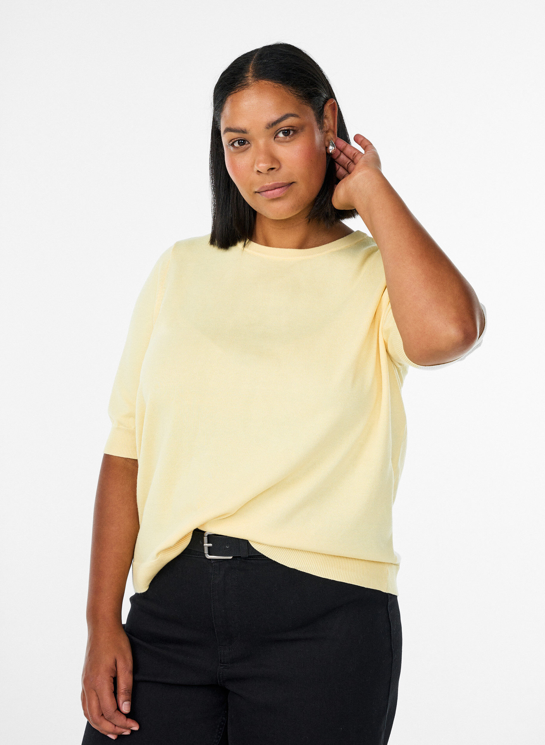 ZizziFinstickad blus med korta &auml;rmar, Gul, Model image number 0