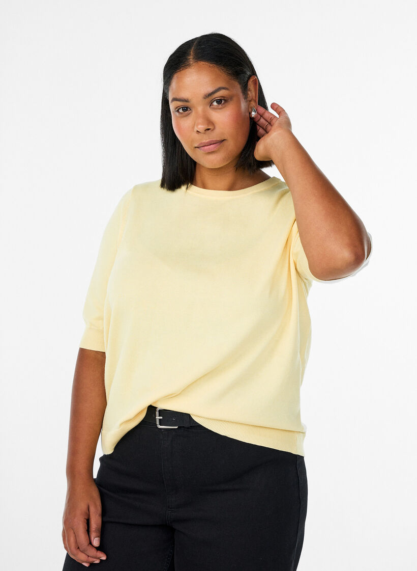 Finstickad blus med korta &auml;rmar, Gul, Model image number 0