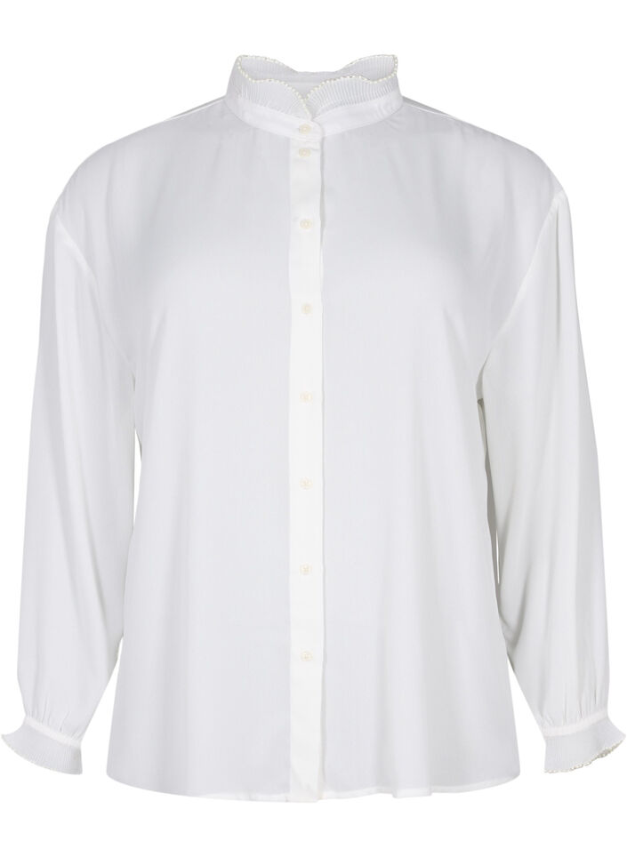 Skjortblus med volangdetaljer, Bright White, Packshot image number 0