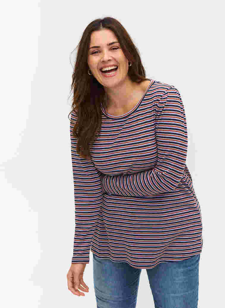 Randig tröja med långa ärmar, Mahogany/Navy Stripe, Model image number 0