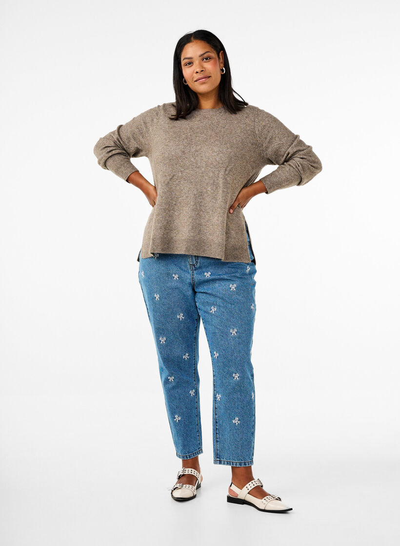 Stickad topp i ull med slitsar, Walnut Mel., Model image number 2