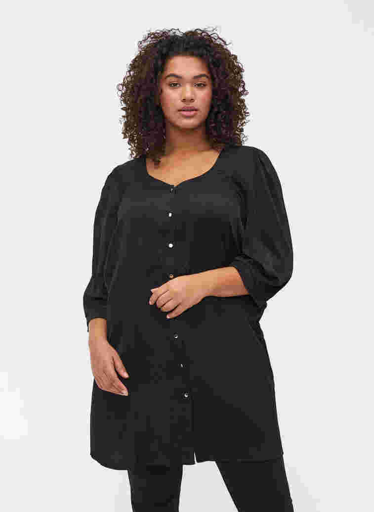 Tunika med knappar och 3/4 ärmar, Black, Model image number 0