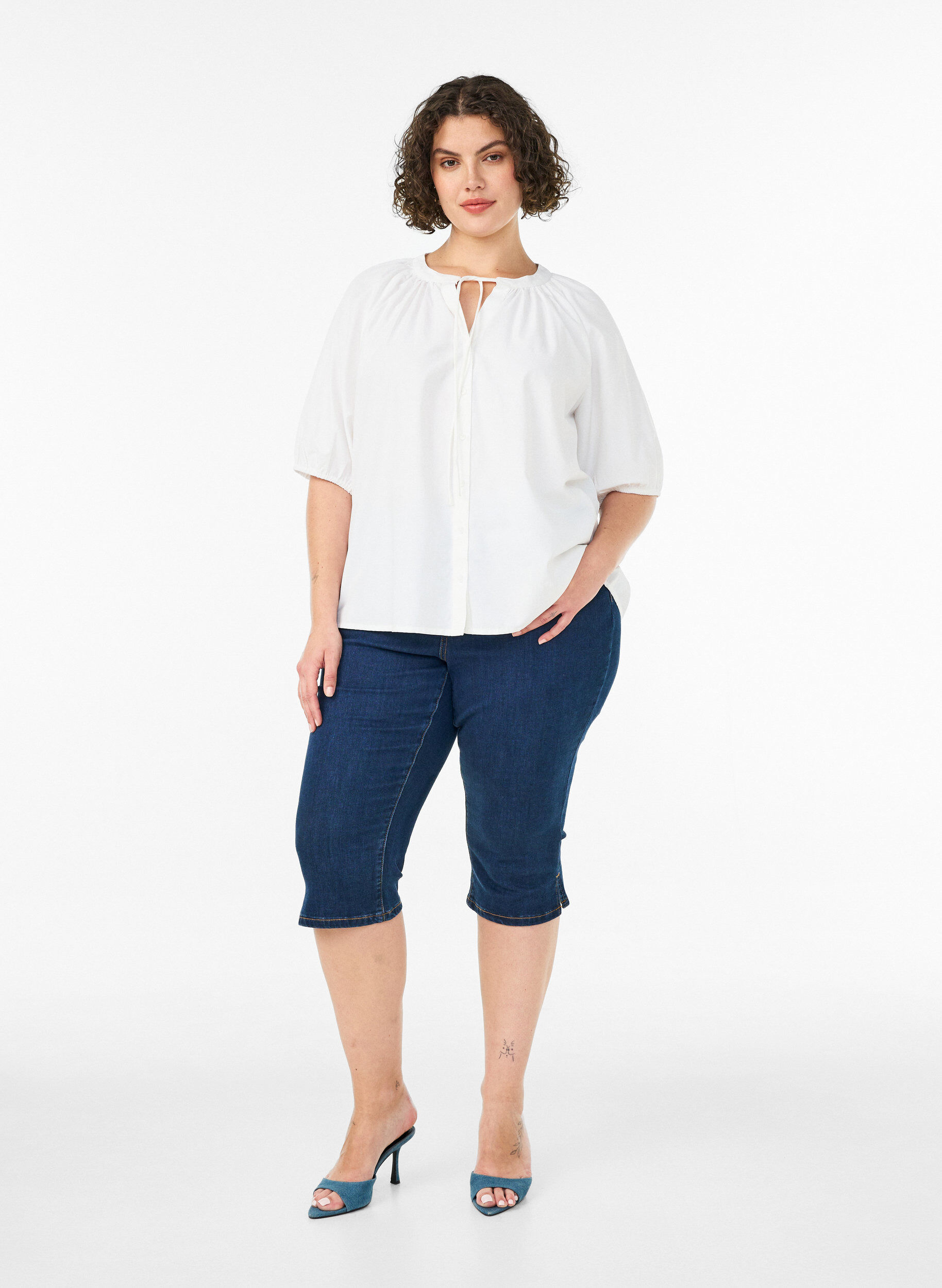 ZizziSkjortblus med kn&auml;ppning och knytsk&auml;rp, Vit, Model image number 1