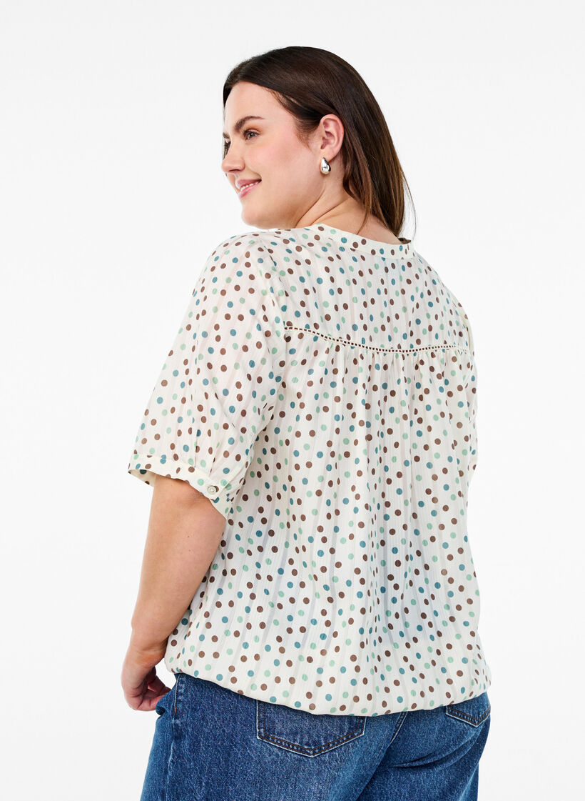 Blus med tryck och halvkorta &auml;rmar, Vit, Model image number 2