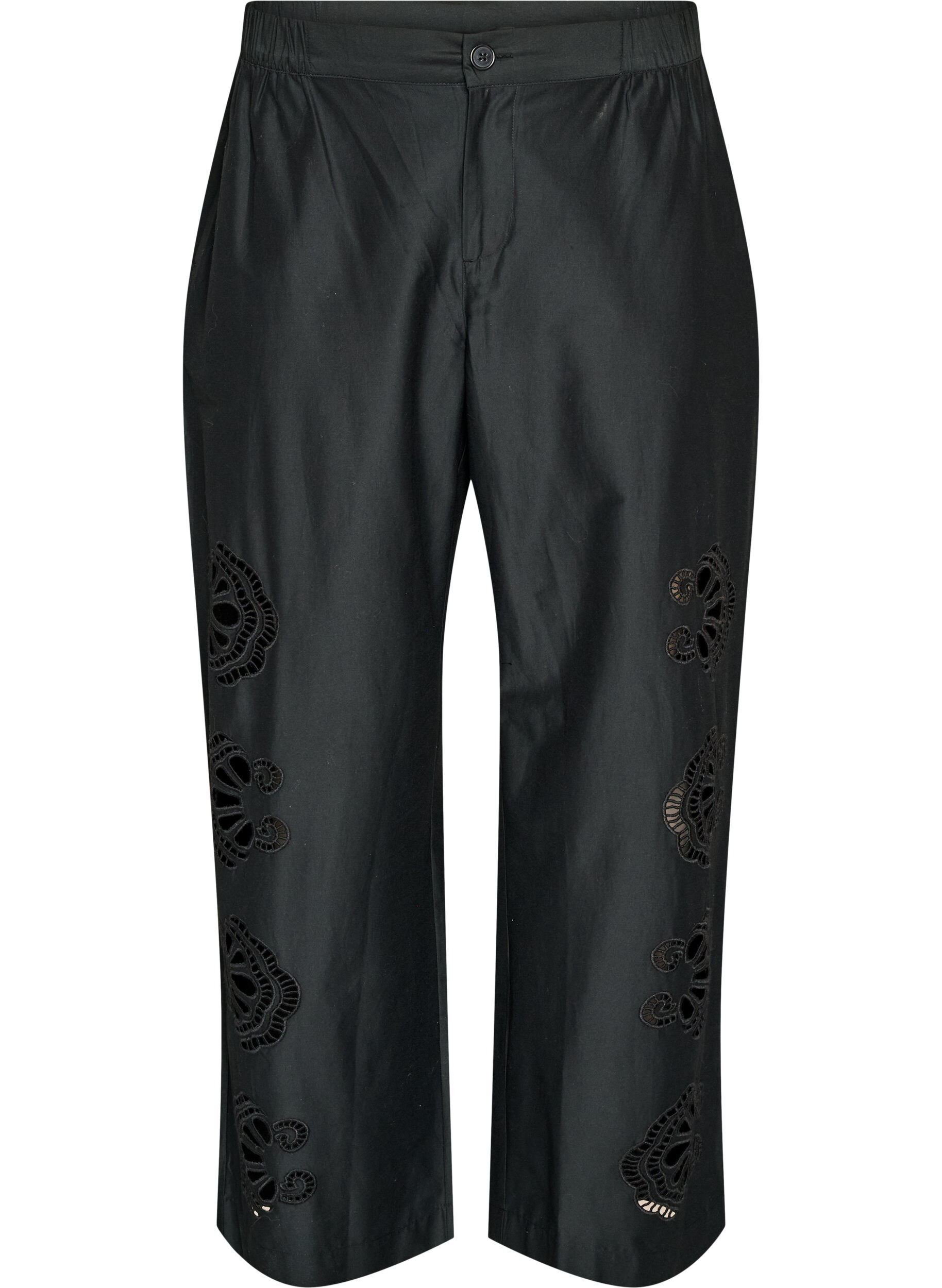 ZizziByxor i bomull med broderade utsk&auml;rningar, Svart, Packshot image number 0