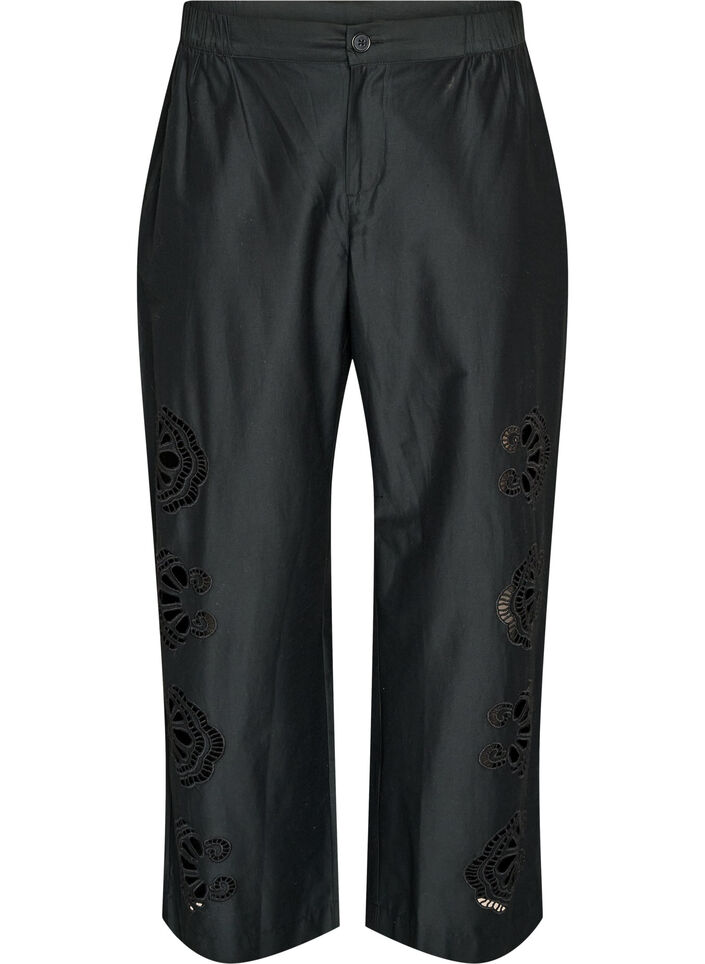 Byxor i bomull med broderade utsk&auml;rningar, Svart, Packshot image number 0