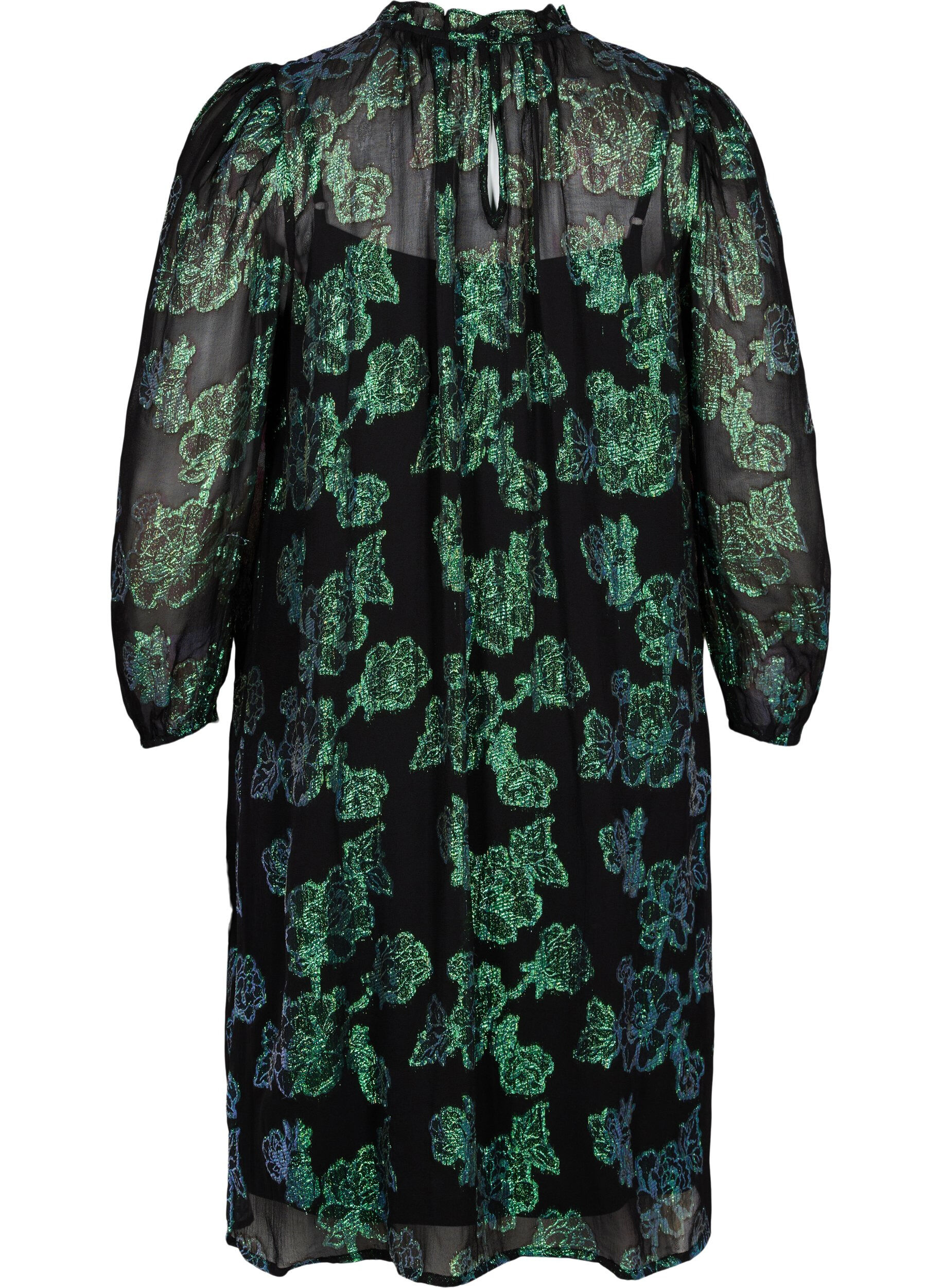 Zizzi Blommig kl&auml;nning i viskos med lurex, Black w. Green Lurex, Packshot image number 1