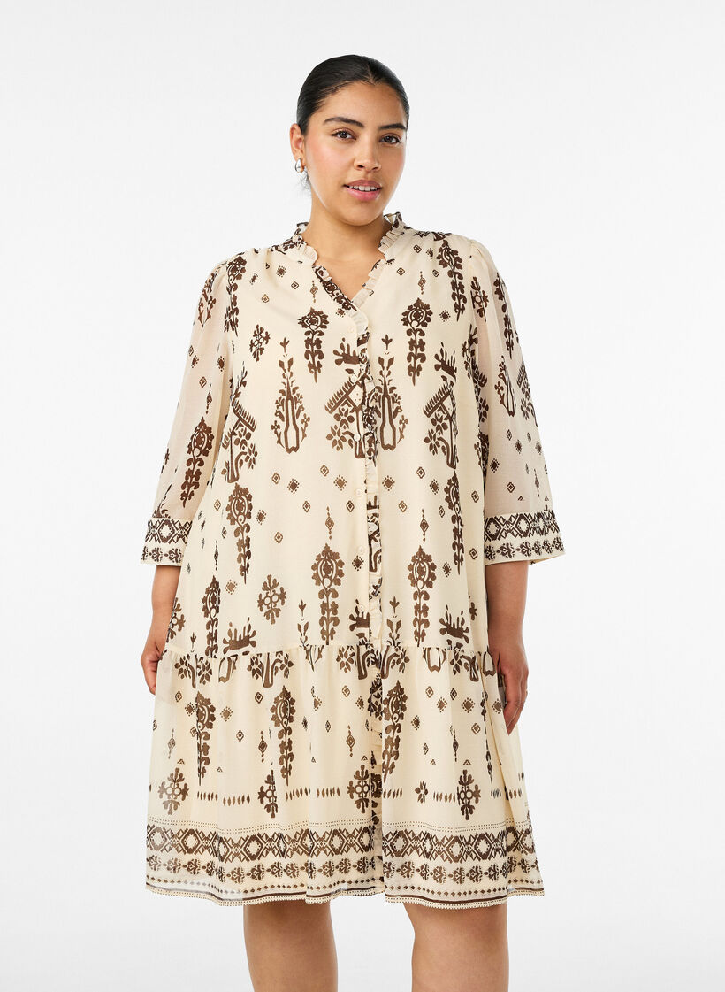 Kl&auml;nning med ornamenttryck och volangkrage, Beige, Model image number 0