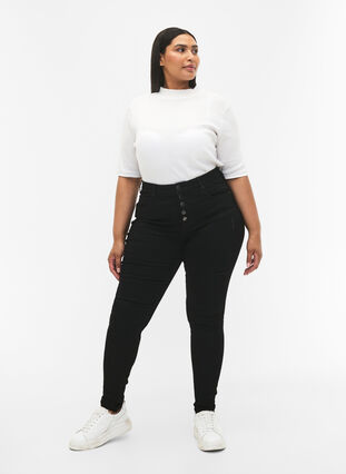 Amy jeans med hög midja och knappar, Black, Model image number 0