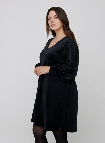 Klänning i velour med långa puffärmar, Black, Model image number 0