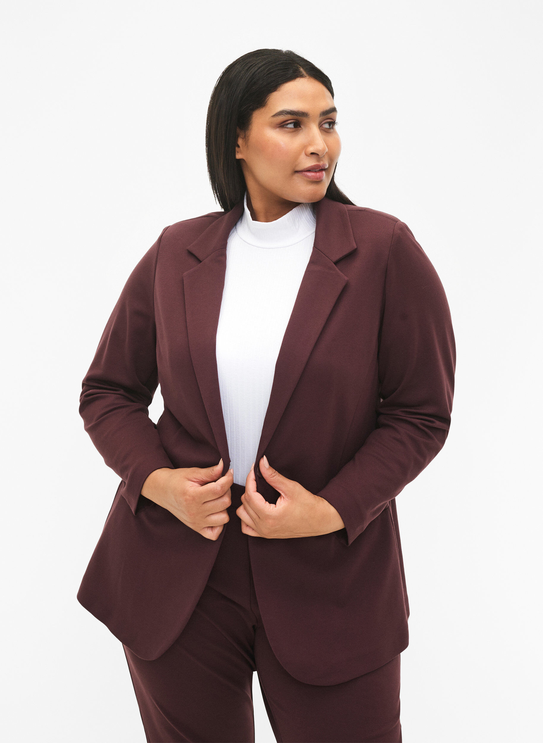 Zizzi Enkel blazer med knapp, M&ouml;rk Bordeaux, Model image number 0