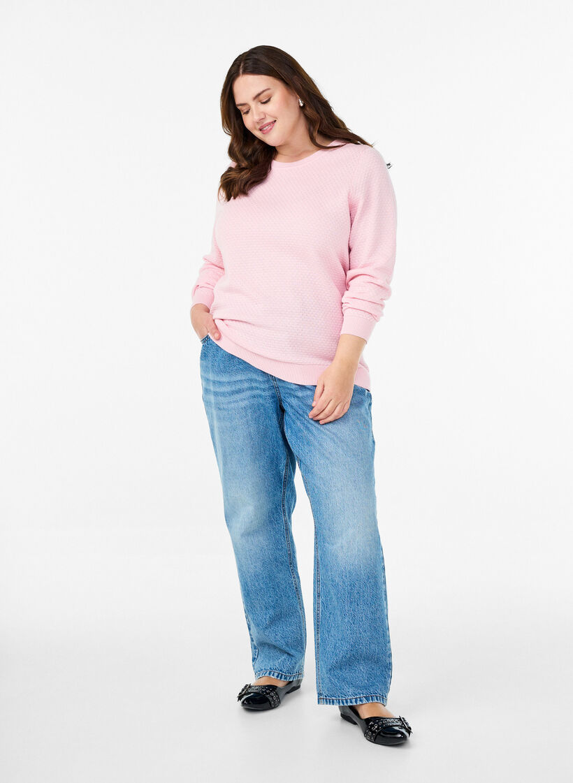 Stickad blus i bomull med strukturmönster, Rosa, Model image number 1