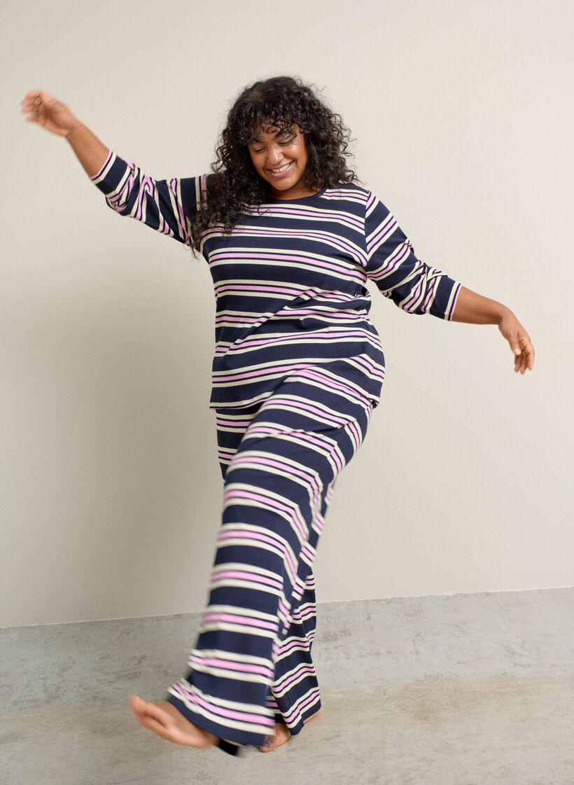 L&aring;ng&auml;rmad natt-topp i ribbad trik&aring; med r&auml;nder, Bl&aring;, Image image number 0