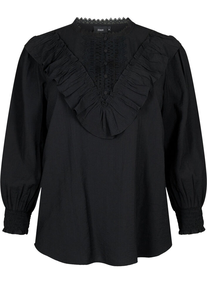 Blus i viskos med volanger och broderidetaljer, Black, Packshot image number 0