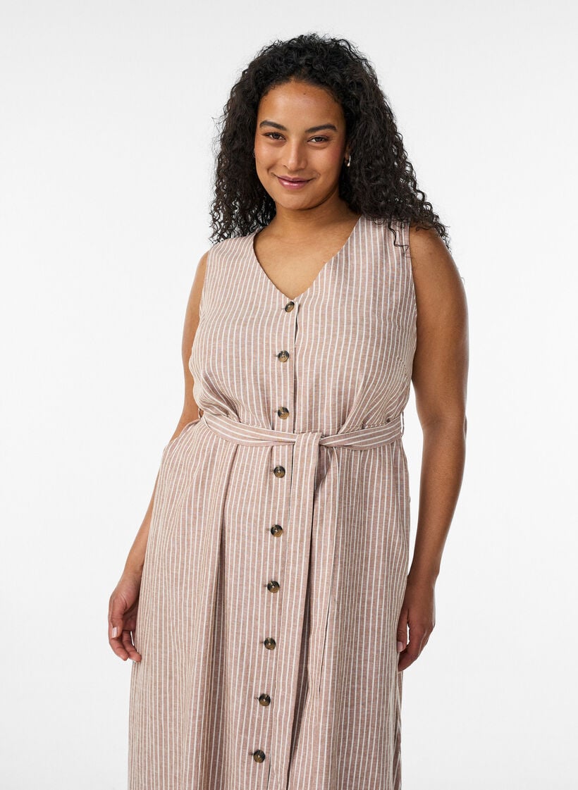 &Auml;rml&ouml;s randig midikl&auml;nning i linne och viskos, Beige, Model image number 2