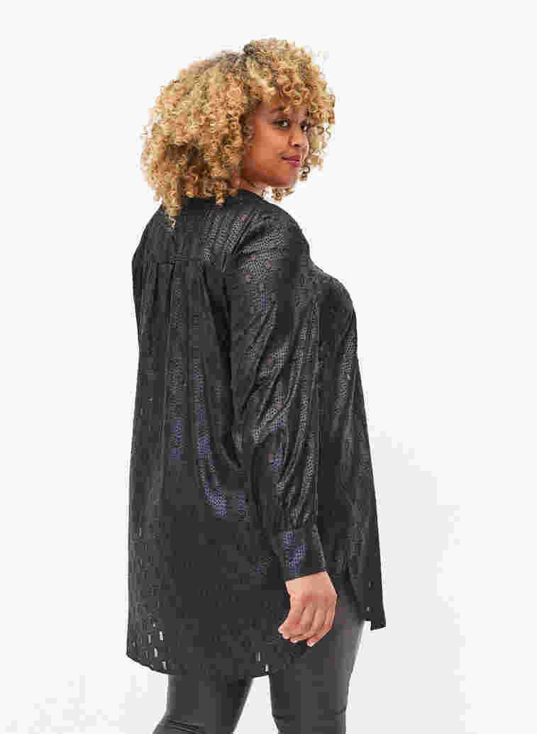 Tunika med textur, långa ärmar och v-ringning, Black, Model image number 1