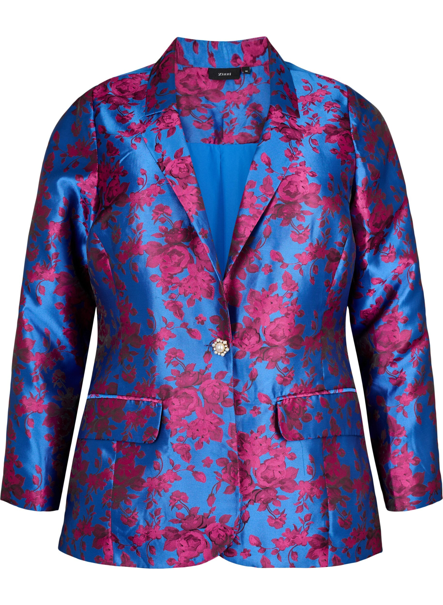 Zizzi Blommig blazer med p&auml;rlknapp, Blue Quartz Jaquard, Packshot image number 0