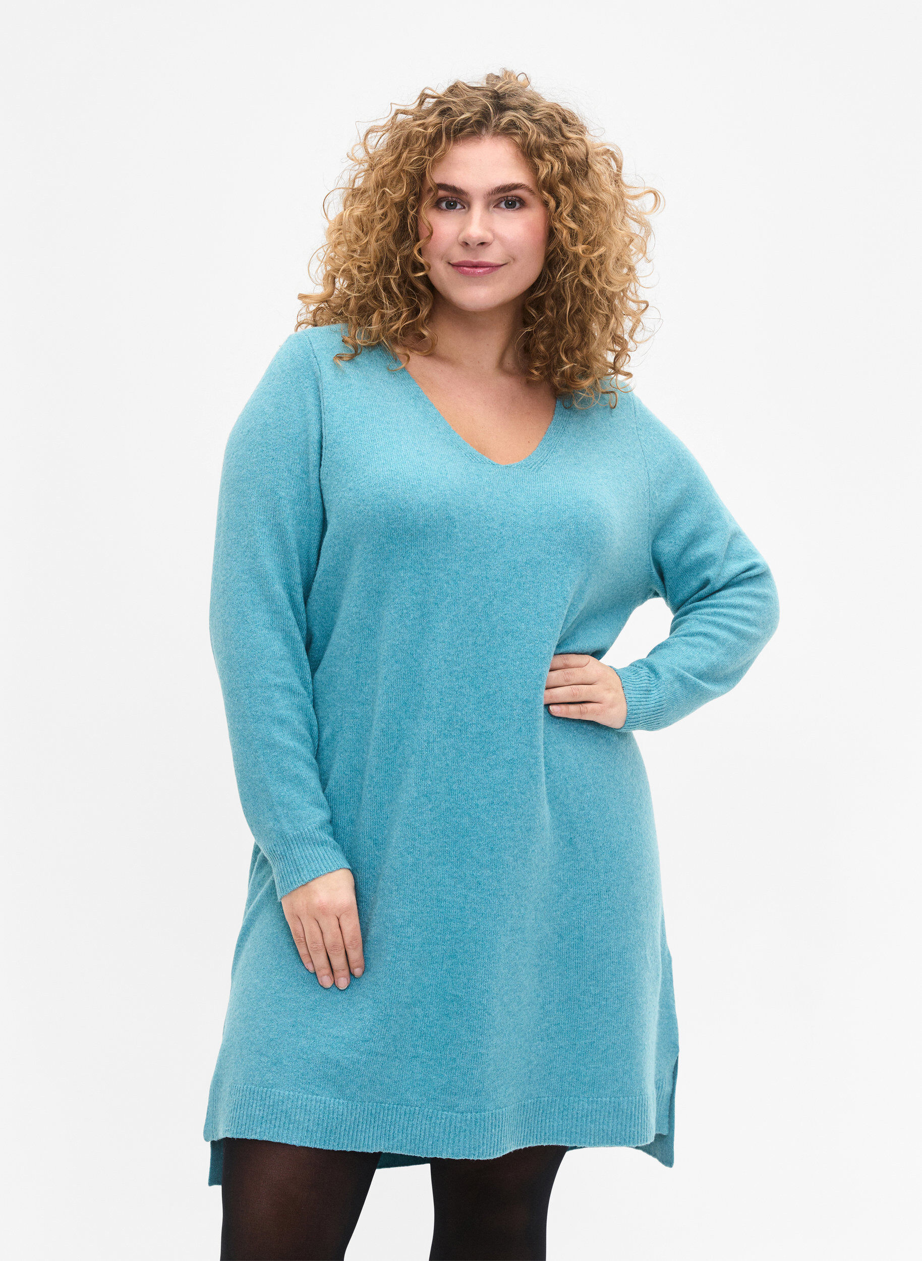 Zizzi Stickad kl&auml;nning med slits, R. Waters/White Mel., Model image number 0