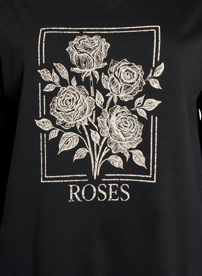 Sweatshirt med rosentryck och strass, Svart, Packshot image number 2