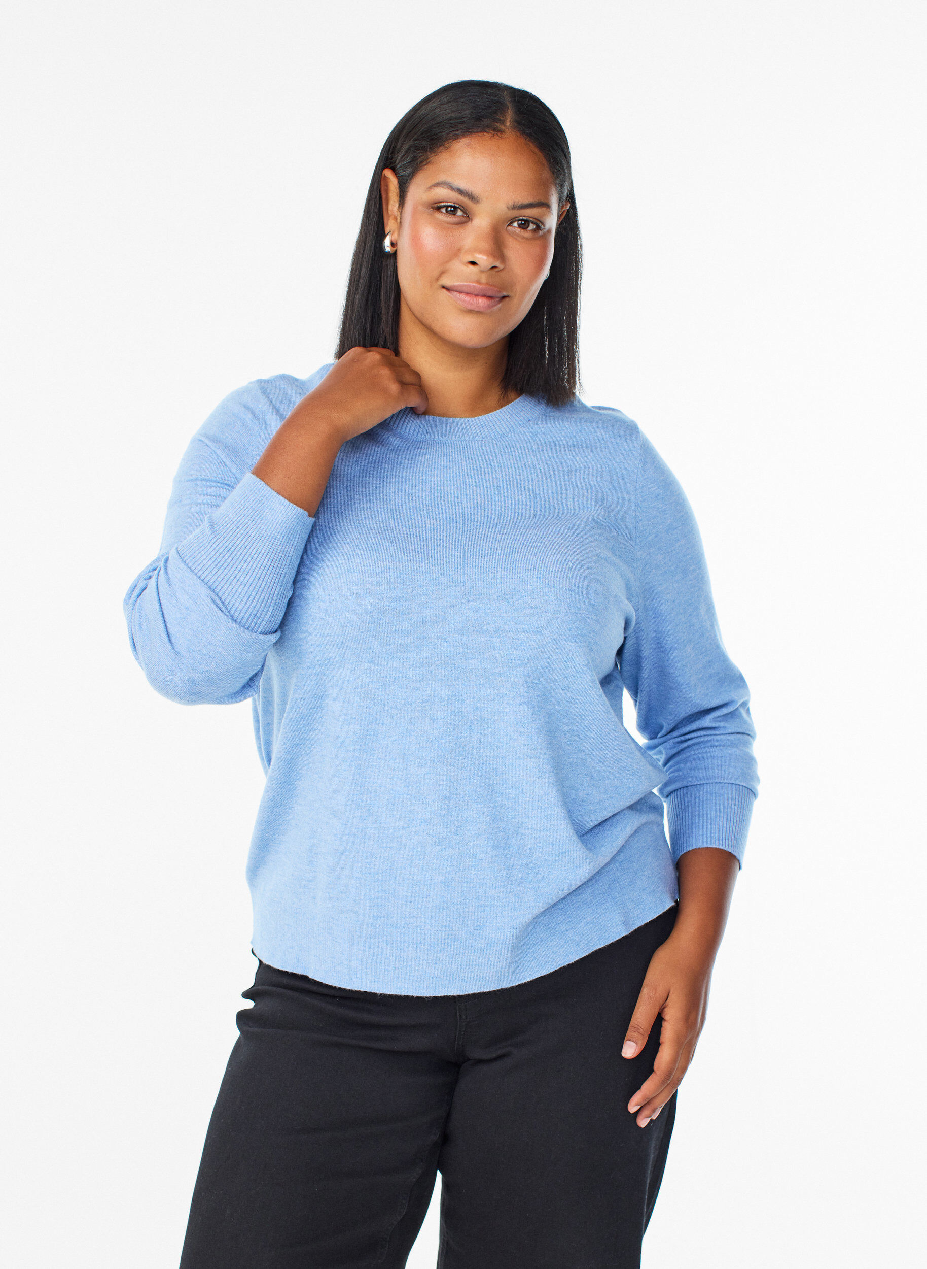 ZizziStickad blus med rund hals, Bl&aring;, Model image number 0