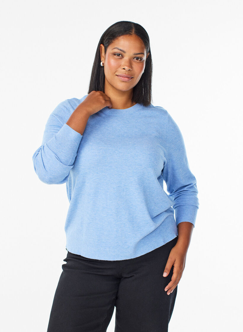 Stickad blus med rund hals, Bl&aring;, Model image number 0