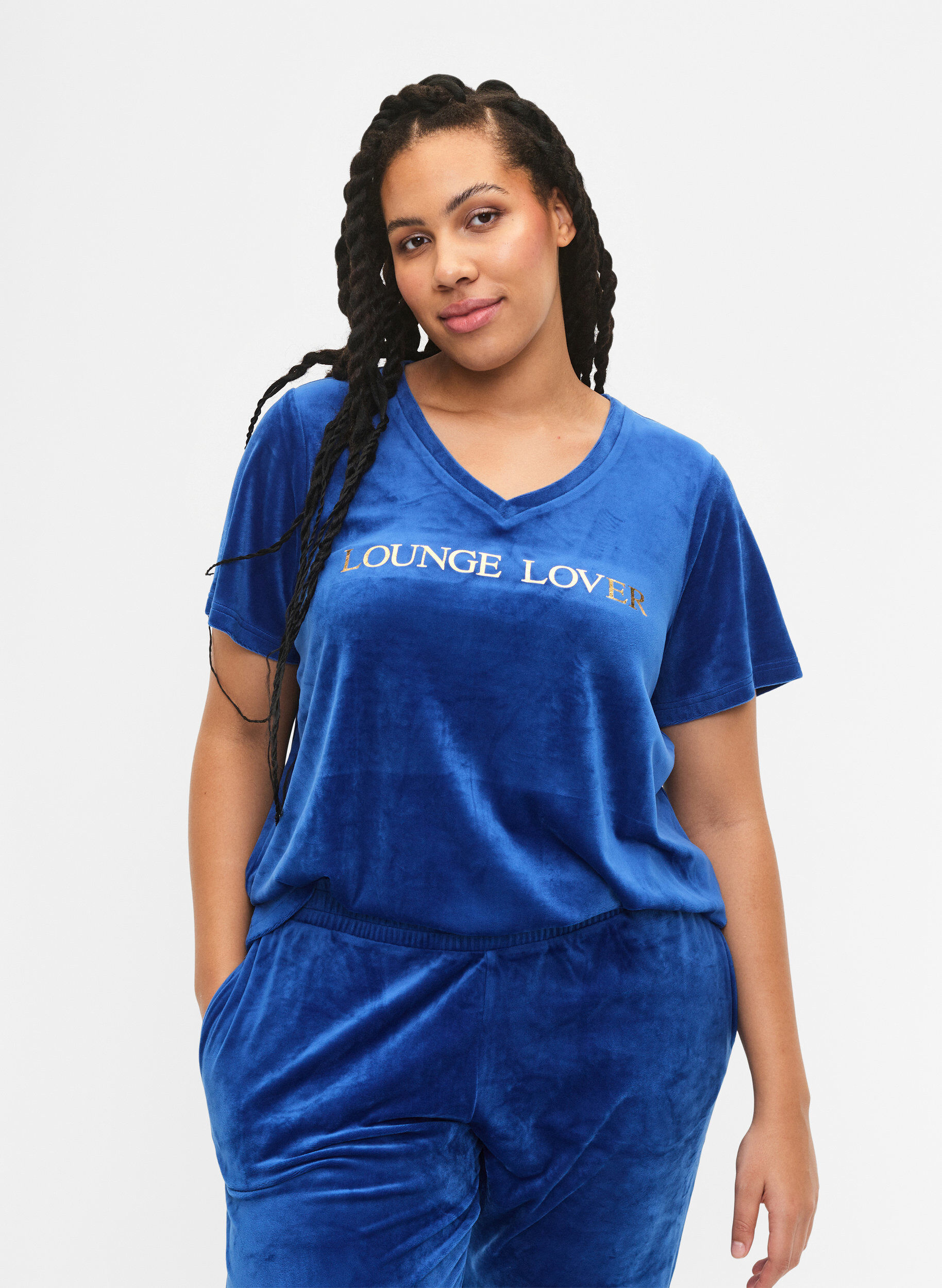 Zizzi V-ringad T-shirt i velour, Monaco Blue, Model image number 0