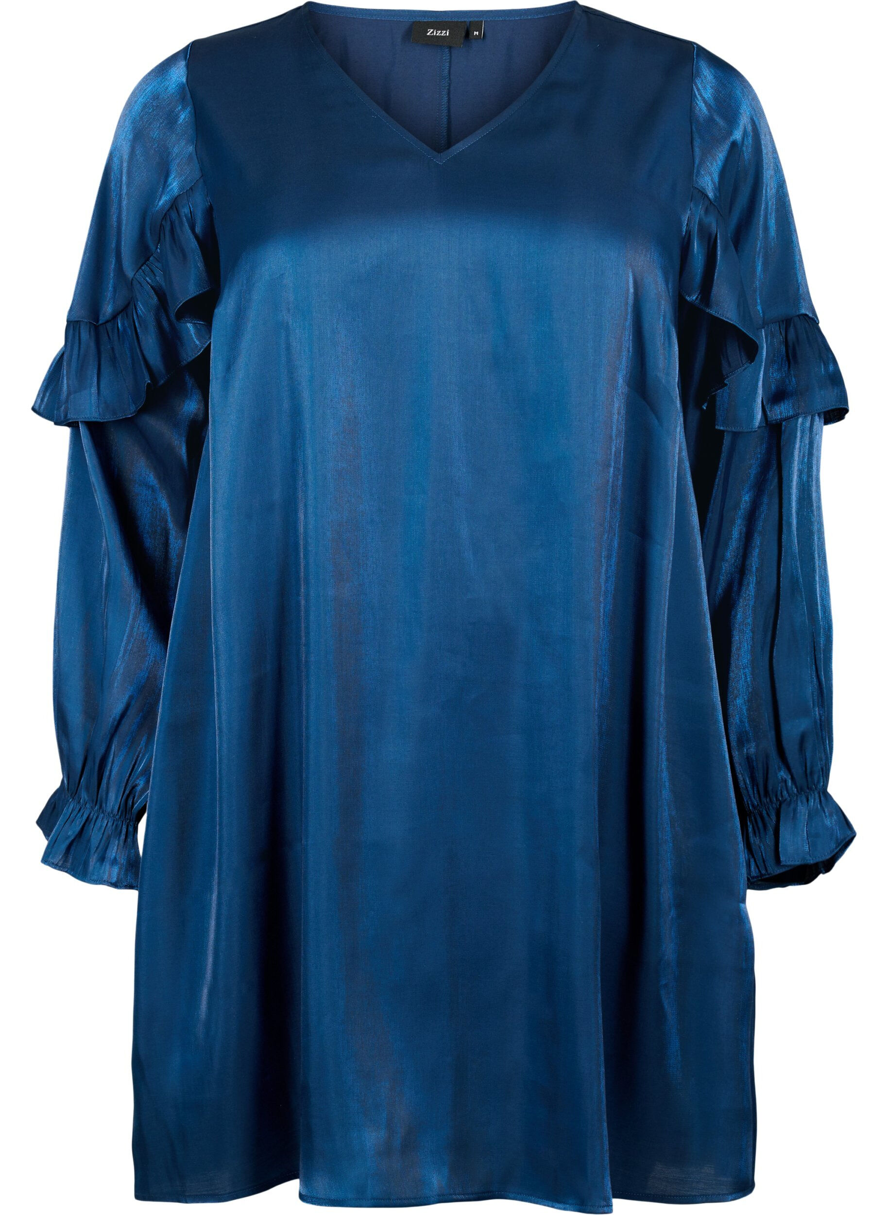 Zizzi Kl&auml;nning i viskos med v-ringning och volanger, Titan, Packshot image number 0