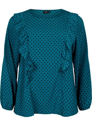 Långärmad blus med volanger, Shaded Spruce Dot, Packshot image number 0