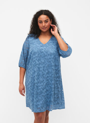 Kortärmad klänning med struktur, Coronet Blue, Model image number 0
