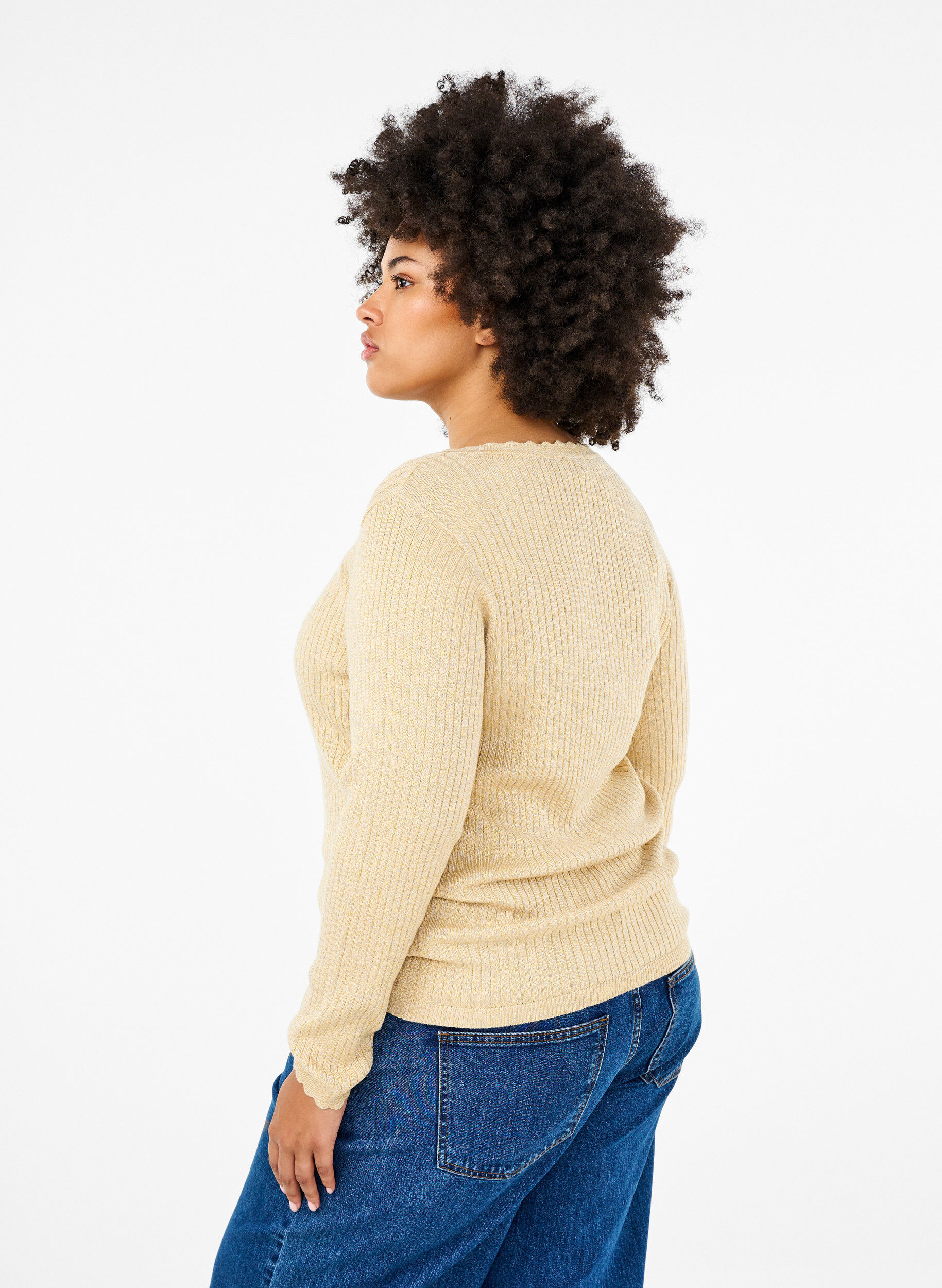 Zizzi &Aring;tsittande stickad blus med glittertr&aring;d, Beige, Model image number 2