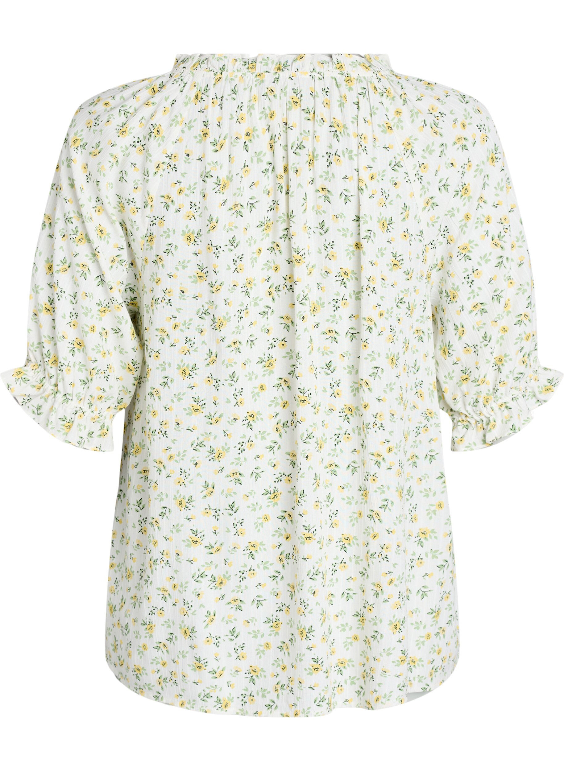 ZizziBlommig viskosblus med halvl&aring;nga &auml;rmar, Vit, Packshot image number 1