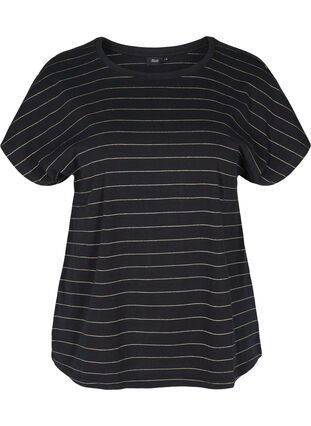 T-shirt i bomull med glittriga ränder, Black w Gold , Packshot image number 0