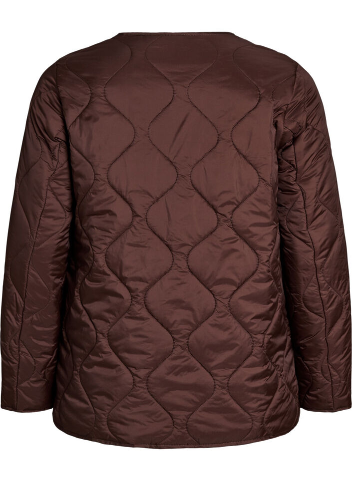 Quiltad jacka med tryckknappar och rund hals, Brun, Packshot image number 1