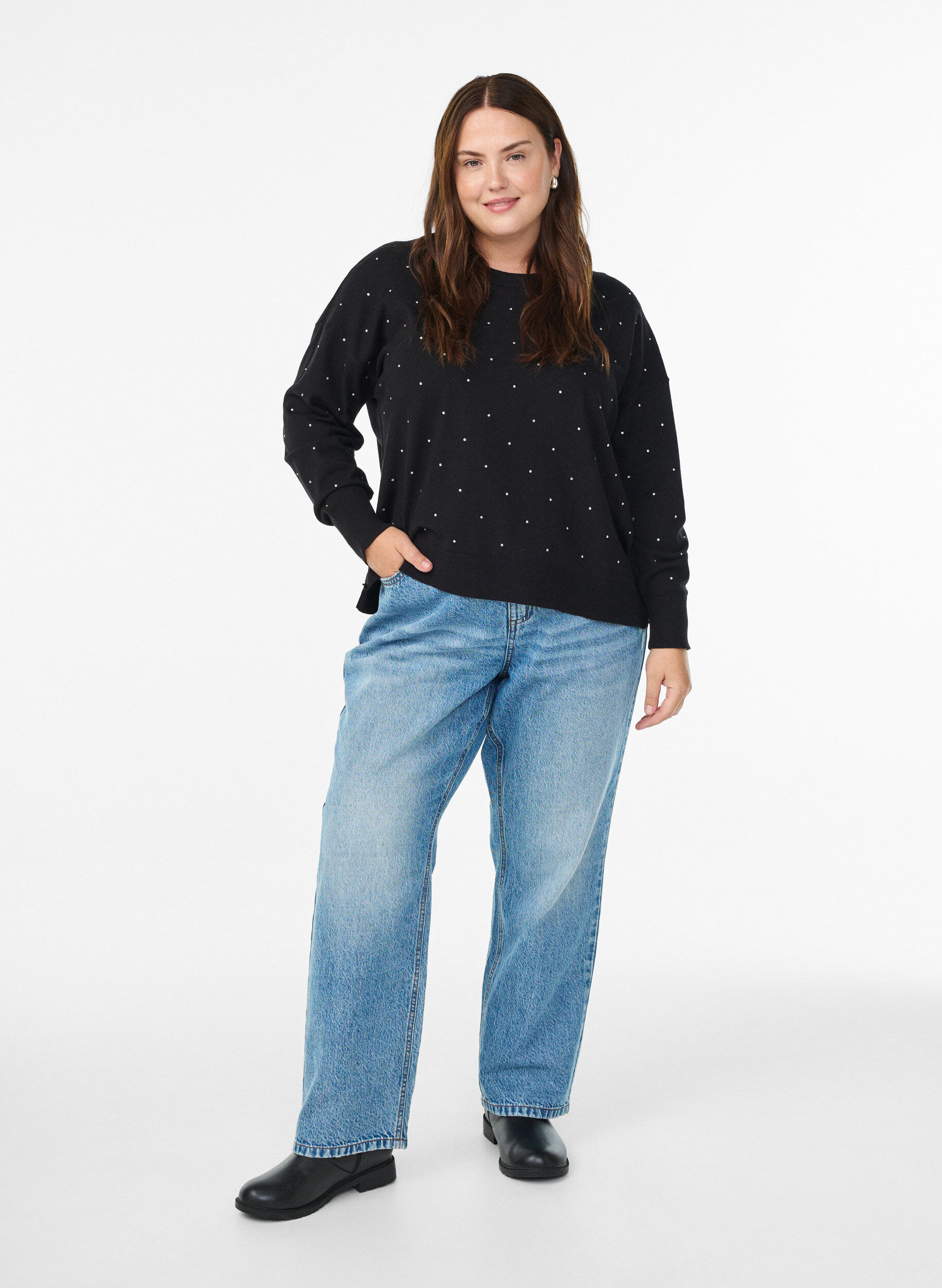 Zizzi L&ouml;st stickad blus med strass, Svart, Model image number 1