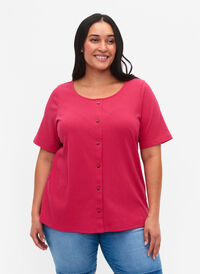 Ribbad t-shirt med knappar och korta ärmar, Bright Rose, Model